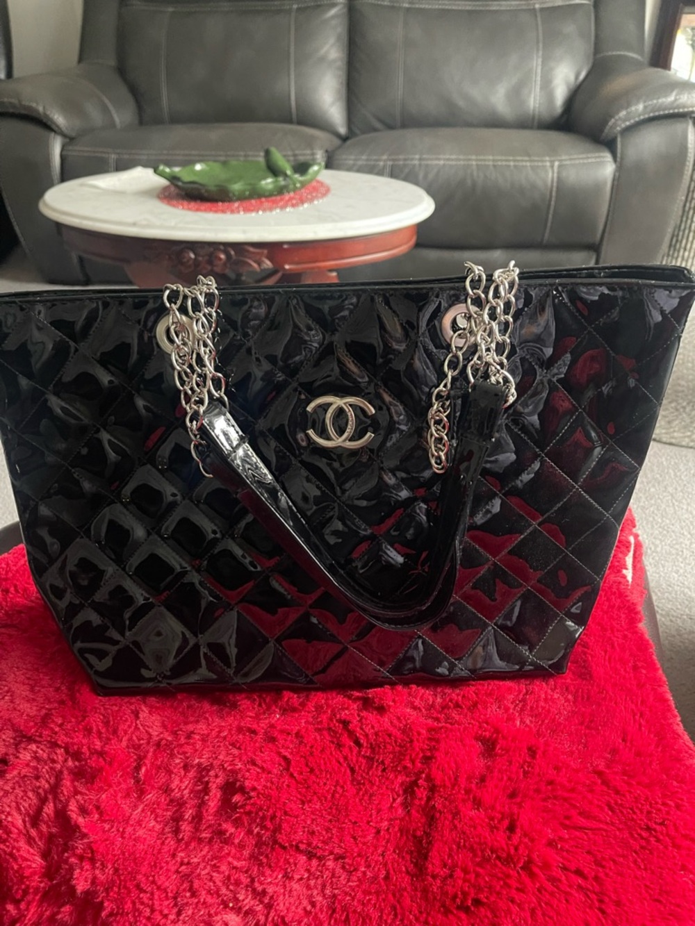 Black Patent Quilted Tote with Chain Handles